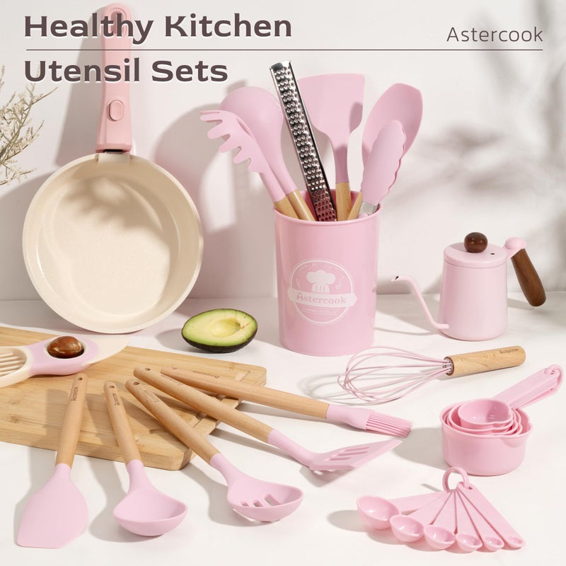 Astercook Kitchen Utensils set, 39 PCS Silicone Cooking Utensils Set with Wooden Handle, 446Â°F Heat Resistant Food Grade Utensil Sets, BPA Free Kitchen Gadgets Tools Set for Nonstick Cookware (Pink) - Image 2