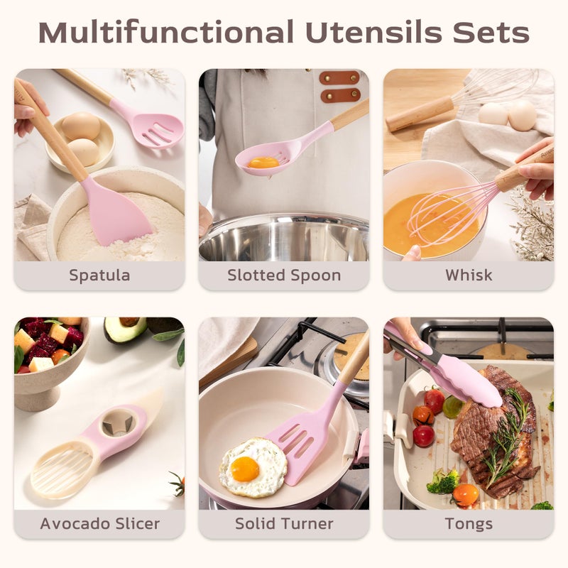 Astercook Kitchen Utensils set, 39 PCS Silicone Cooking Utensils Set with Wooden Handle, 446Â°F Heat Resistant Food Grade Utensil Sets, BPA Free Kitchen Gadgets Tools Set for Nonstick Cookware (Pink) - Image 5