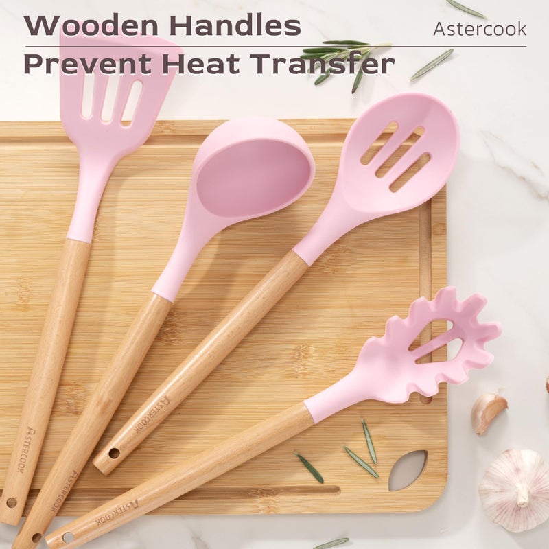 Astercook Kitchen Utensils set, 39 PCS Silicone Cooking Utensils Set with Wooden Handle, 446Â°F Heat Resistant Food Grade Utensil Sets, BPA Free Kitchen Gadgets Tools Set for Nonstick Cookware (Pink) - Image 4