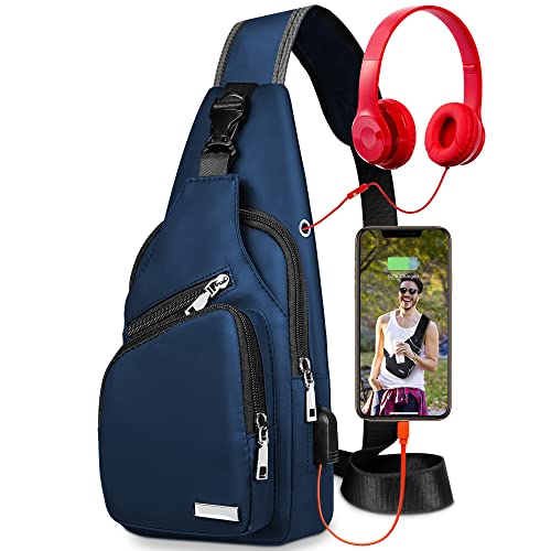 Codoule Sling Bag Crossbody Backpack for Men Women Sling Backpack Hiking Daypack Multipurpose Cross Body Chest Bag with USB Charger Hole & Headphone Hole for Outdoor Walking Travel(Navy blue) - Image 1