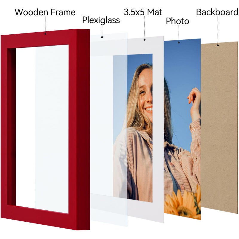 Vittanly 4x6 Picture Frame Set of 4, Display Pictures 3.5x5 with Mat or 4x6 without Mat, Small Photo Frames for Wall or Tabletop Display, Engineered Wood with Shatter Resistant Plexiglass, Red - Image 4