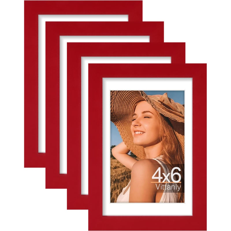 Vittanly 4x6 Picture Frame Set of 4, Display Pictures 3.5x5 with Mat or 4x6 without Mat, Small Photo Frames for Wall or Tabletop Display, Engineered Wood with Shatter Resistant Plexiglass, Red - Image 1