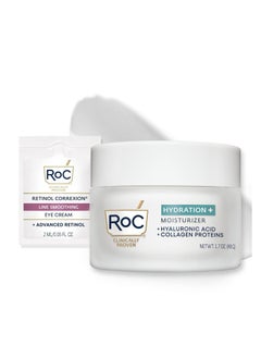 RoC RoC Hydration+ Hyaluronic Acid Moisturizer Face Cream, Hydrating, Smoothing, Fragrance Free Formula with Collagen Proteins (1.7 Ounces) with Retinol Eye Cream Packette  - Image 1