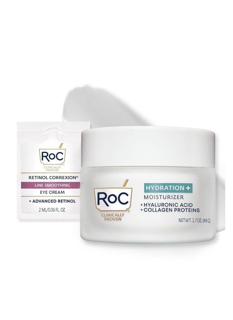 RoC - RoC Hydration+ Hyaluronic Acid Moisturizer Face Cream, Hydrating, Smoothing, Fragrance Free Formula with Collagen Proteins (1.7 Ounces) with Retinol Eye Cream Packette - Image 1