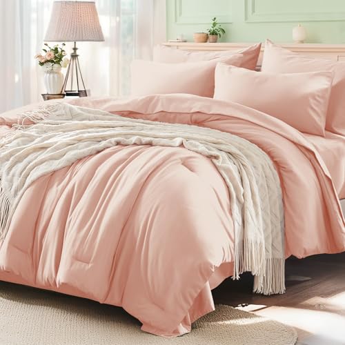 Anluoer Pink Queen Comforter Set 7 Pieces, Bed in a Bag with Sheets, All Season Bedding Sets with 1 Comforter, 2 Pillow Shams, 2 Pillowcases, 1 Flat Sheet, 1 Fitted Sheet - Image 1