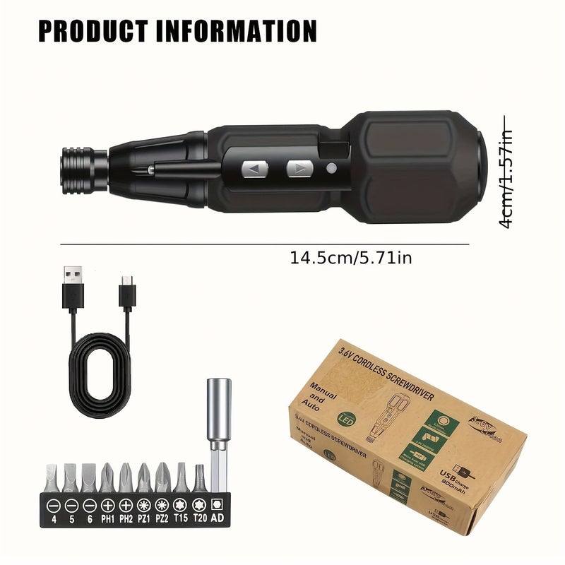 Black 3.6V Rechargeable Electric Screwdriver Set with Flashlight Mini Lithium USB Charging - Image 2