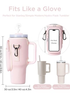 Reema Water Bottle Carrier Bag with Phone Pocket for Stanley 40oz Tumbler Neoprene Water Bottle Holder Pouch with Adjustable Strap Bollus with Carabiner for Stanley Cup Accessories  - Image 2