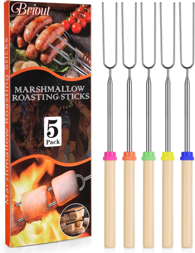 Briout Marshmallow Roasting Sticks - Smores Stick for Fire Pit - Hot Dog Campfire Skewers Marshmallow Camping 32 Inch Long Extendable Forks - 5 Pack - Image 1