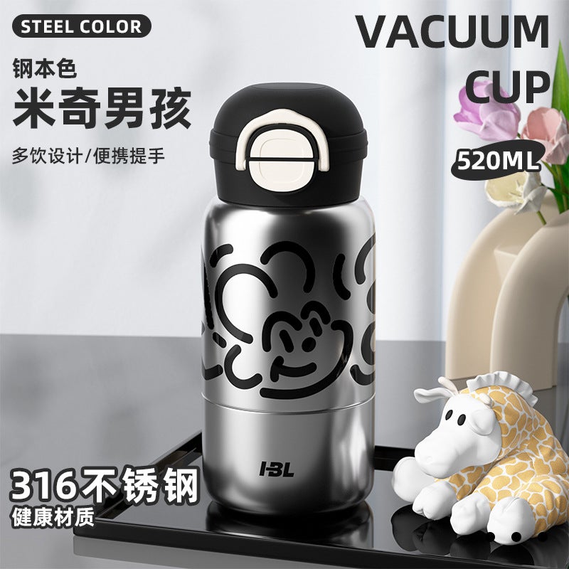 Stainless Steel Kids Insulated Cup with Straw Steel color + three caps in one cup