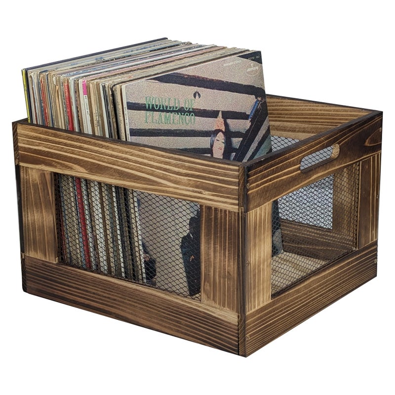 ARTAWEIN Vinyl Record Storage Crate Wooden Record Holder for Albums Holds up to 80100 LPs Rustic Vintage Style Organizer Box with Handles Easy Assembly Display for Music Room Office - Image 2