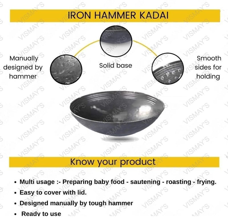 VISMAY'S 500 ML 8.5 inch Food Grade Iron Kadai India’s 1st Smooth Edge Kadhai Handle Free Traditional Frying Pan Wok Hammered Heavy Base Metal Spoon Friendly Works on Gas and Induction - Image 5
