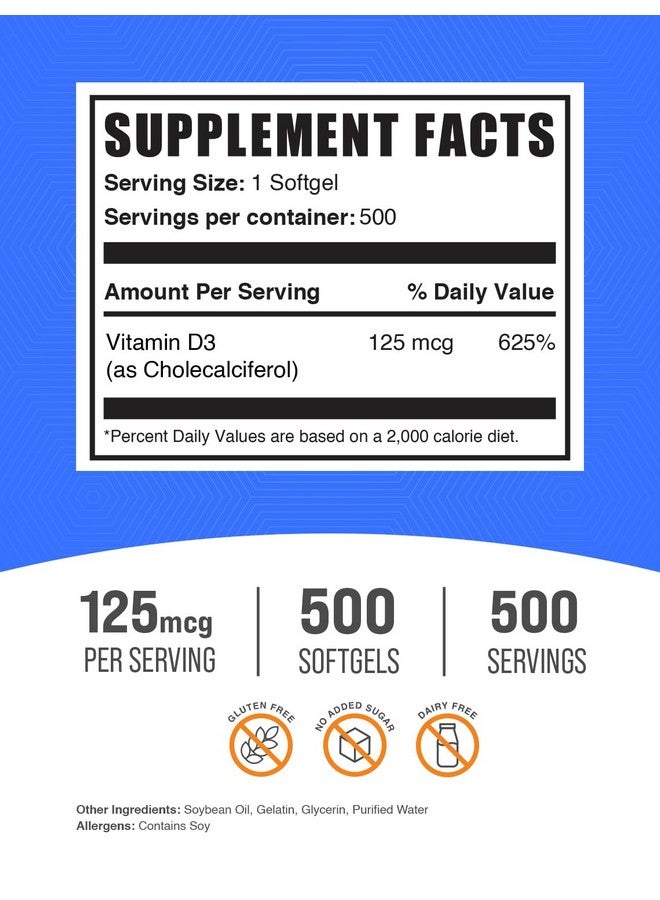BulkSupplements.com Vitamin D3 5000IU Softgels - Cholecalciferol, D3 Supplement, Vitamin D 5000 IU - 1 Vitamin D3 Softgel (125mcg of Vitamin D) per Serving, 500 Count (Pack of 1) - Image 2