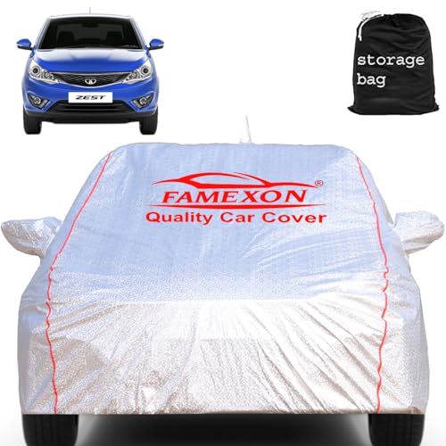 FAMEXON Waterproof Car Body Cover with Mirror Pocket Compatible for Tata Zest Triple Layer Inner Fabric & Pipein Design Protects from Animals, Heat, Rainfall (Metallic Silver) - Image 1