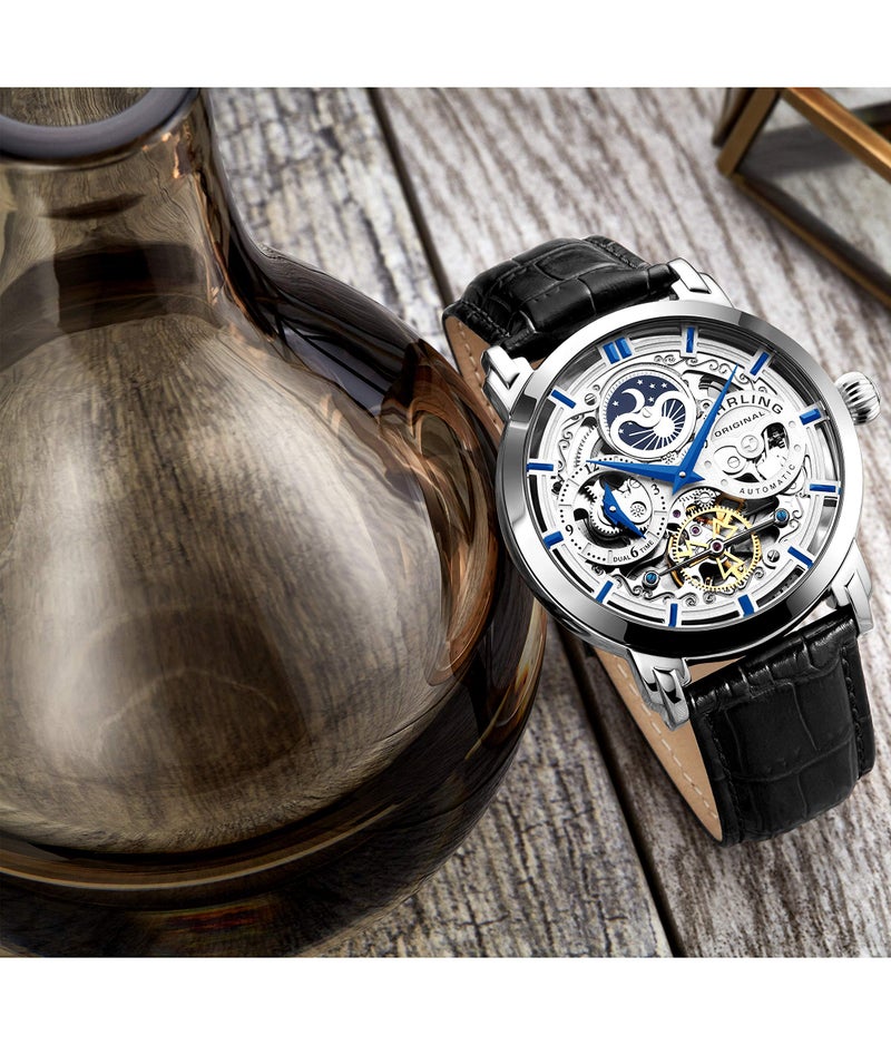 Stuhrling Original ساعة أوتوماتيكية للرجال من ستورلينغ الأصلية ليجاسي، علبة ستانلس ستيل 46 مم، حزام جلد طبيعي، أسود - Image 4