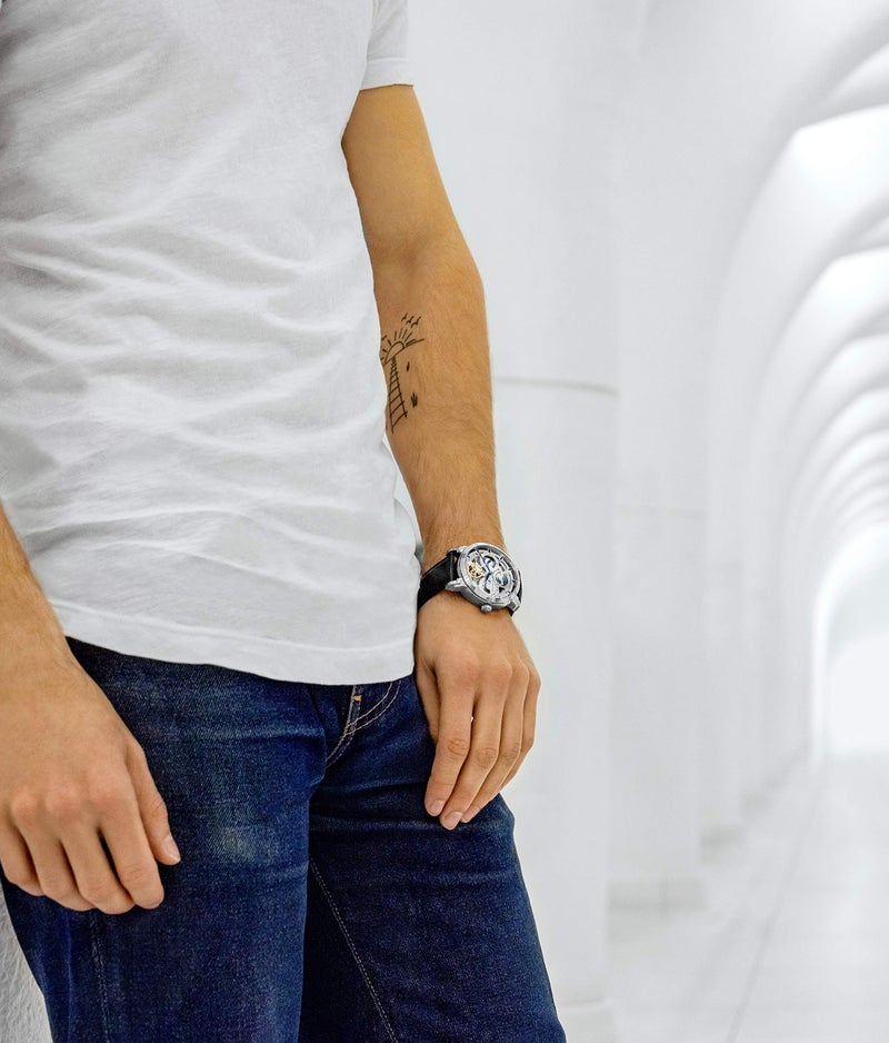 Stuhrling Original ساعة أوتوماتيكية للرجال من ستورلينغ الأصلية ليجاسي، علبة ستانلس ستيل 46 مم، حزام جلد طبيعي، أسود - Image 2