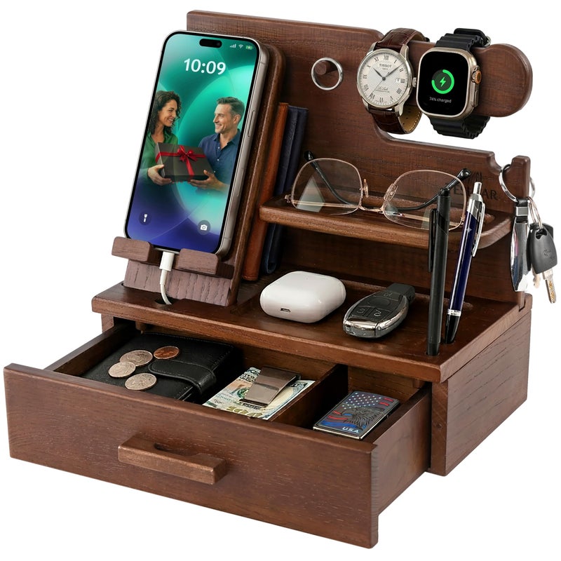 Teslyar Wood Phone Docking Station with Drawer | Gift for Men (brown) - Image 1