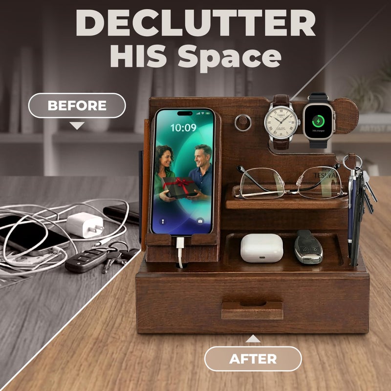 Teslyar Wood Phone Docking Station with Drawer | Gift for Men (brown) - Image 5
