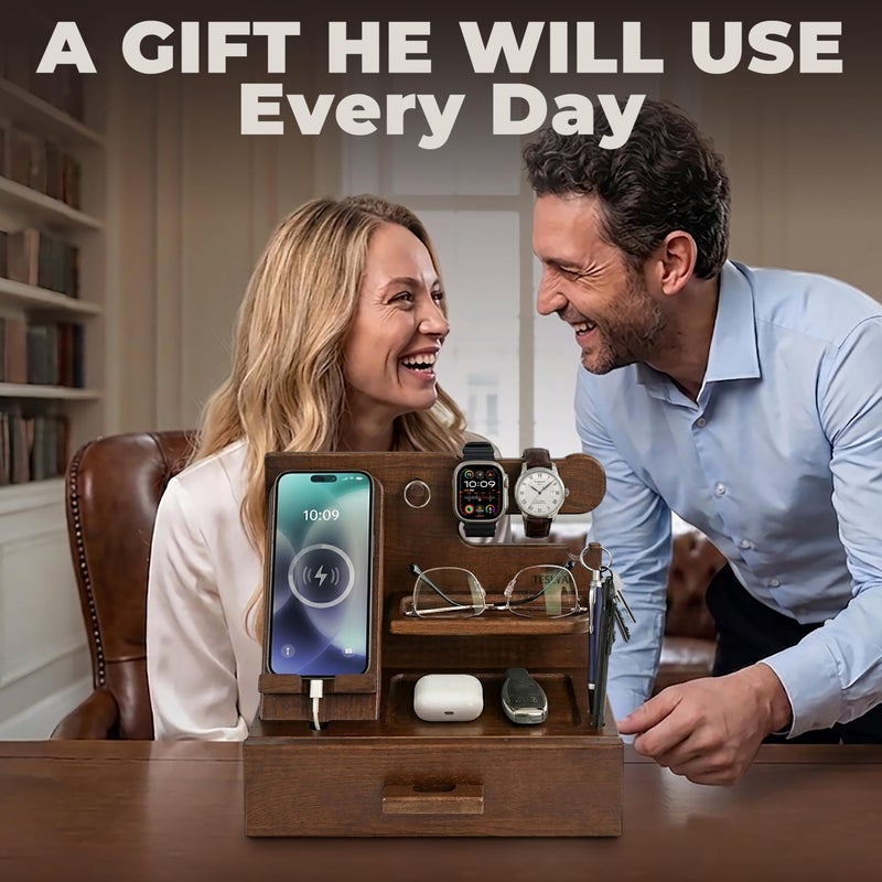 Teslyar Wood Phone Docking Station with Drawer | Gift for Men (brown) - Image 4