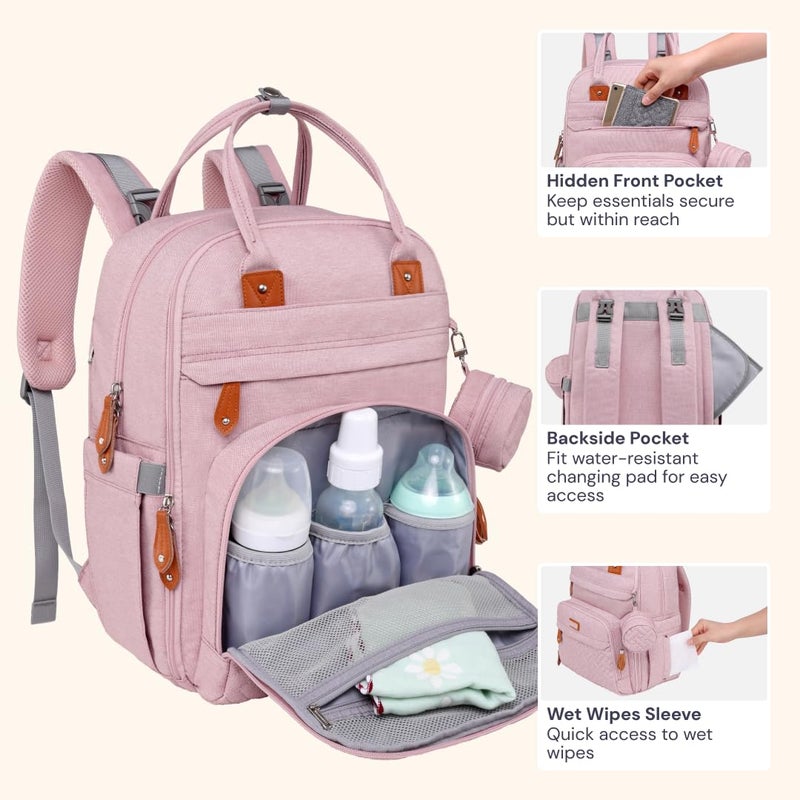 BabbleRoo Diaper Bag Backpack - Baby Essentials Travel Tote - Multi function Water Resistant Diaper Bag, Travel Essentials Baby Bag with Changing Pad, Stroller Straps & Pacifier Case - Unisex, Pink - Image 5