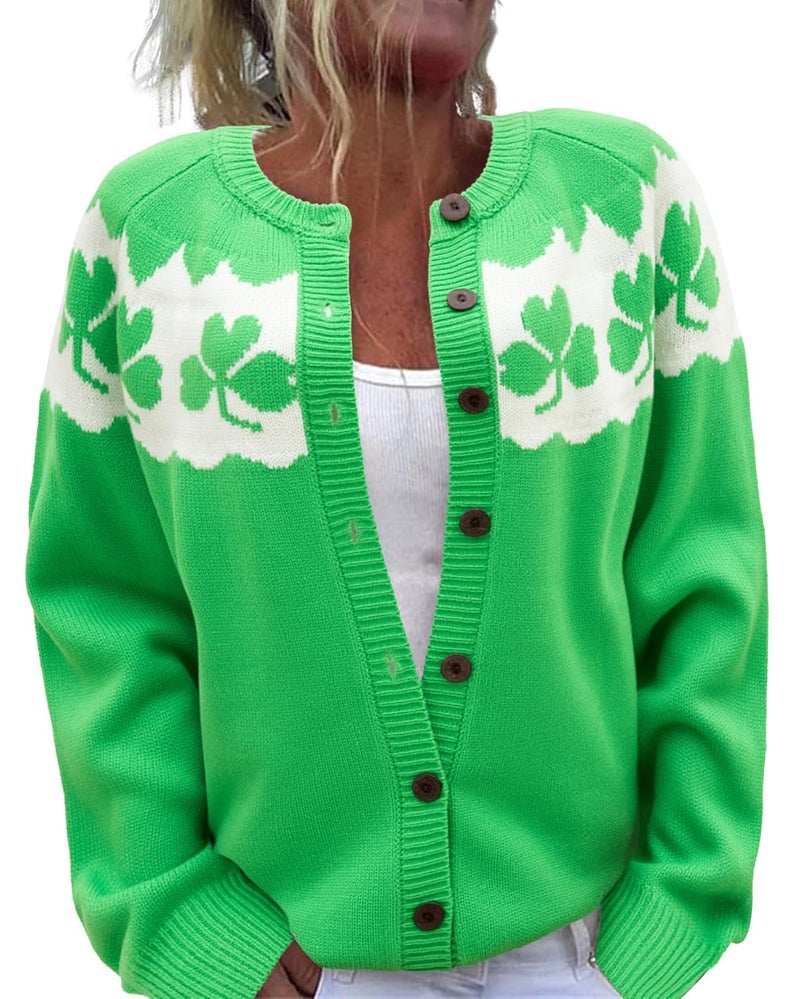 Beopjesk Women's Funny Winter Long Sleeve St Patrick's Day Button Knit Cardigan Sweater Irish Shamrock Knitted Outerwear (ST-Green,L) - Image 1