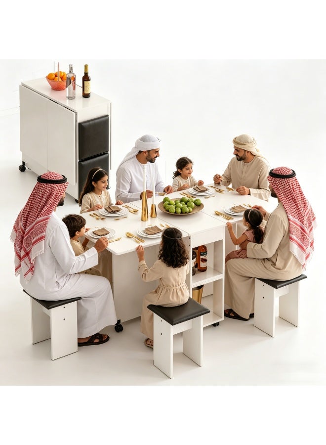  CityRiya-Long طقم طاولة طعام 5 قطع، طاولة عشاء قابلة للطي مع 4 كراسي، طاولة طعام مطبخ 120 * 60 سم وكراسي، طقم طاولة طعام مكون من 5 قطع 4 مقاعد، طاولات مطبخ خشبية بيضاء مع عجلات لغرفة الطعام المنزلية - Image 3