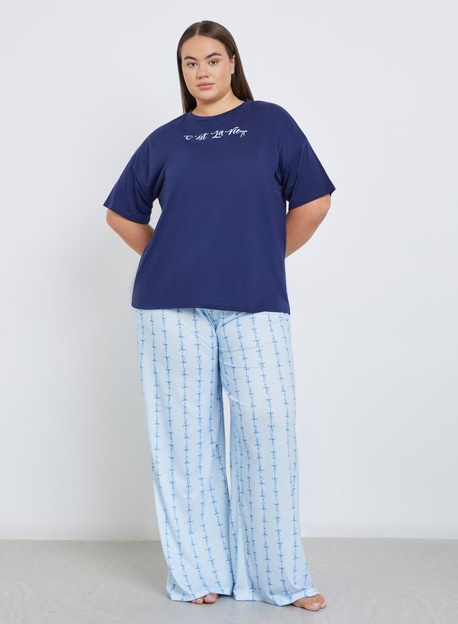 Styli Plus Slogan Dropped Shoulder T-Shirt and Pyjama Set - Image 2