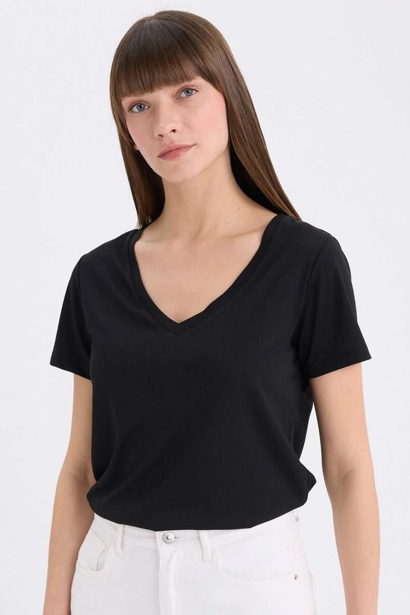 DeFacto Woman Regular Fit V Neck Basic Short Sleeve T-Shirt  - Image 1