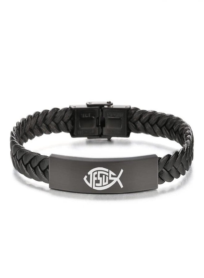 KBNSUIAN Dainty Christian Jesus Fish Ichthys Faith Leather Bracelet, Catholic Christ Lord's Guidance Meditation Bangle for Prayer Baptism Communion Church Birthday, 8.26'' - Image 1