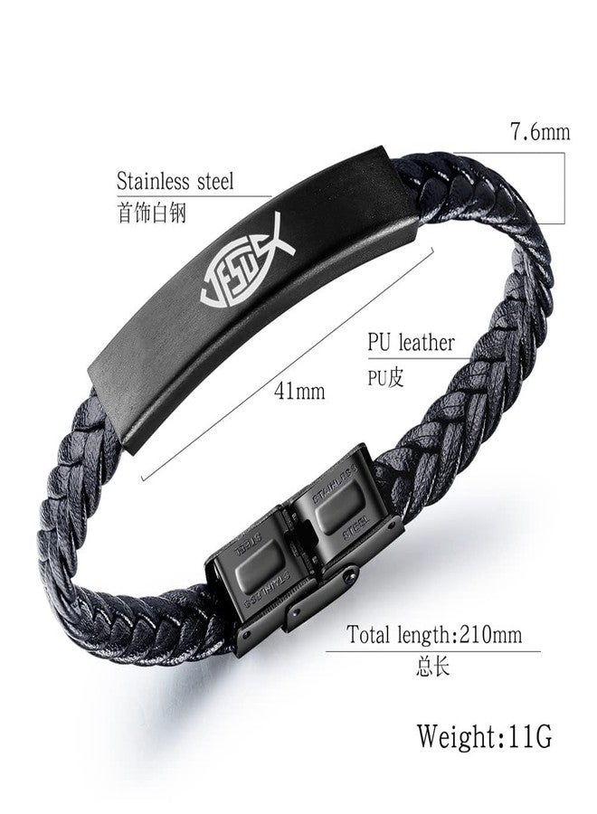 KBNSUIAN Dainty Christian Jesus Fish Ichthys Faith Leather Bracelet, Catholic Christ Lord's Guidance Meditation Bangle for Prayer Baptism Communion Church Birthday, 8.26'' - Image 2