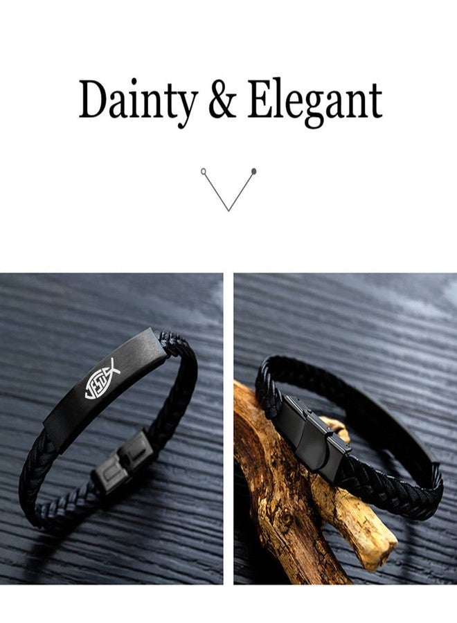 KBNSUIAN Dainty Christian Jesus Fish Ichthys Faith Leather Bracelet, Catholic Christ Lord's Guidance Meditation Bangle for Prayer Baptism Communion Church Birthday, 8.26'' - Image 3