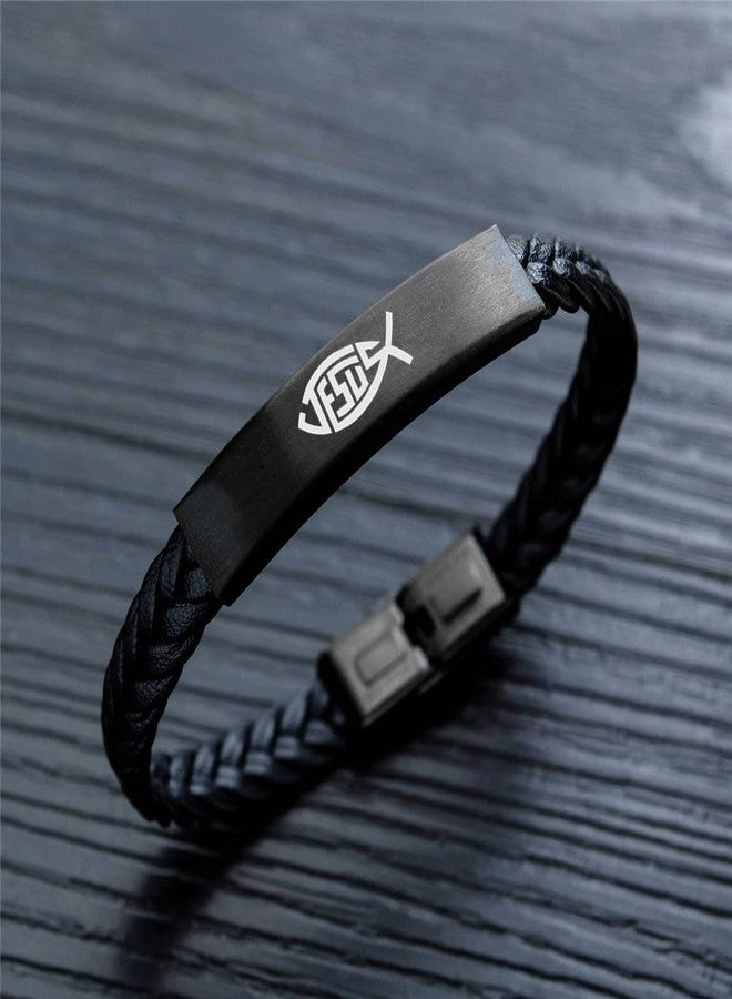 KBNSUIAN Dainty Christian Jesus Fish Ichthys Faith Leather Bracelet, Catholic Christ Lord's Guidance Meditation Bangle for Prayer Baptism Communion Church Birthday, 8.26'' - Image 4