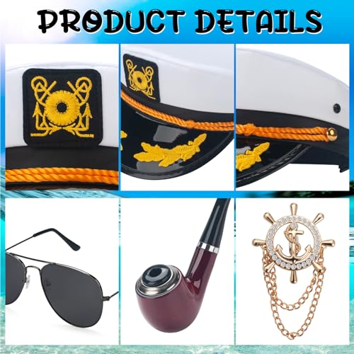 ERDOGLY Captain Hat for Men Women, Sailor Costume Accessories with Captain Prop & Aviator Sunglasses, Navy Yacht Boat Cap Ship Rock Party Dress up Gifts (4pcs) - Image 4