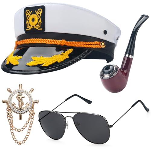 ERDOGLY Captain Hat for Men Women, Sailor Costume Accessories with Captain Prop & Aviator Sunglasses, Navy Yacht Boat Cap Ship Rock Party Dress up Gifts (4pcs) - Image 1