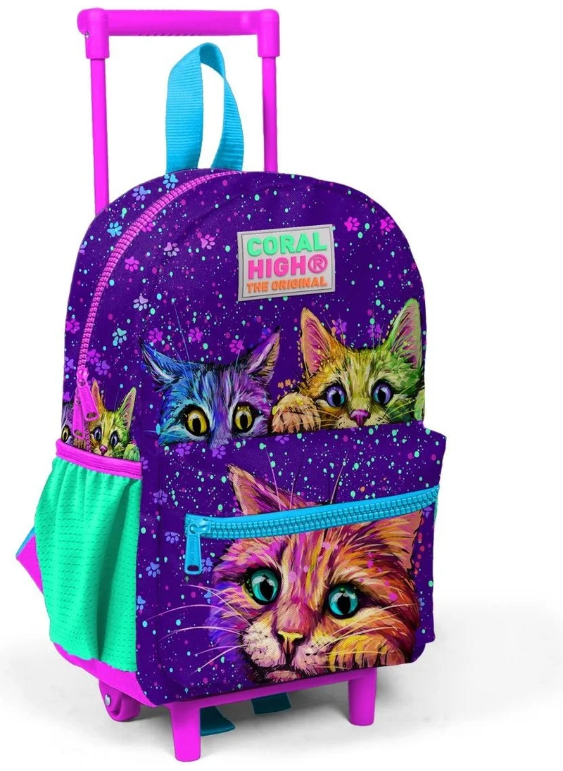CORAL HIGH Mini Nest Squeegee Backpack Purple Pink Cat Patterned Two Compartments 24032