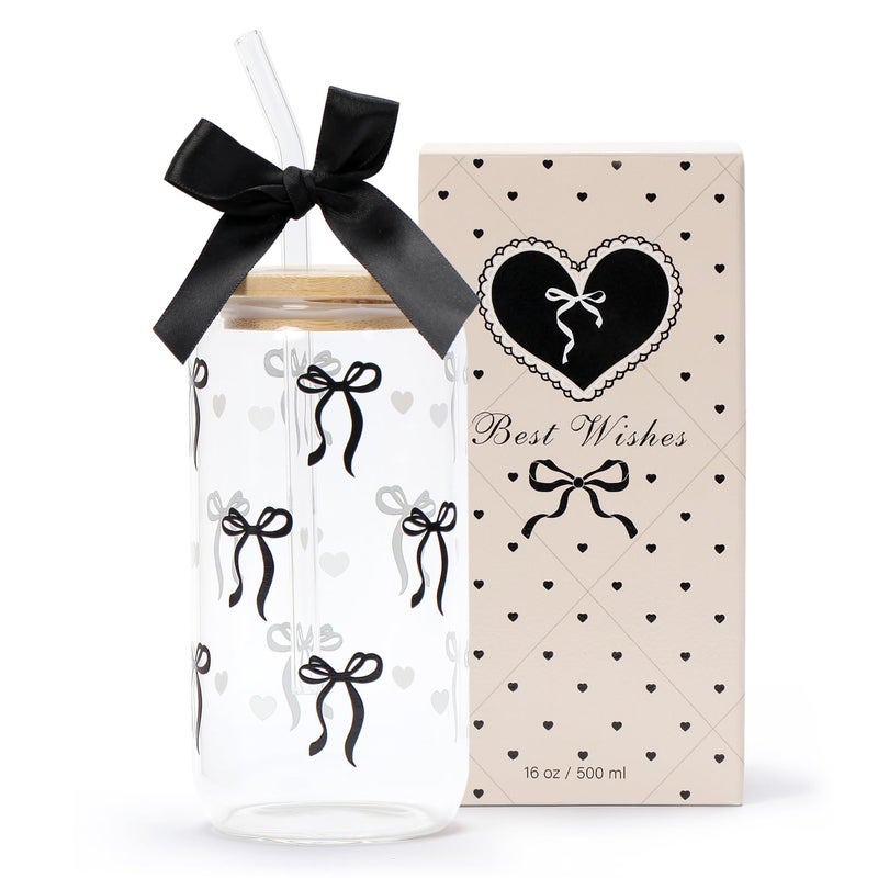 LANGASQUE Coquette Black Bow Aesthetic Cup With Gift Box 16oz Glass Cup with Lids Straws and Black Bow Iced Coffee Smoothie Cute Tumbler with Cleaning Brush for Girls Bestfriend Sister Girlfriend, Preppy Stuff - Image 1