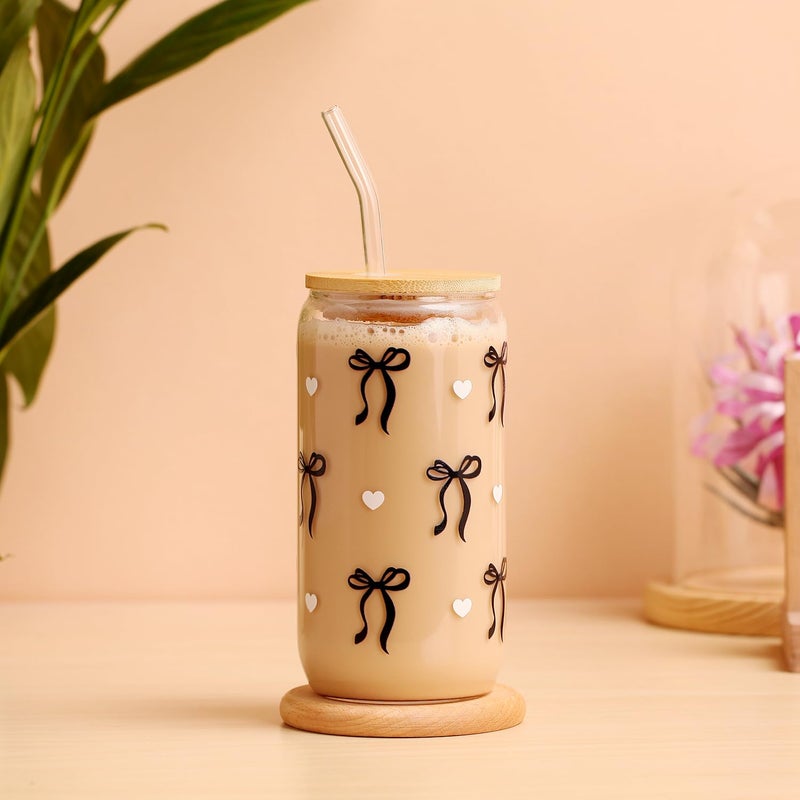 LANGASQUE Coquette Black Bow Aesthetic Cup With Gift Box 16oz Glass Cup with Lids Straws and Black Bow Iced Coffee Smoothie Cute Tumbler with Cleaning Brush for Girls Bestfriend Sister Girlfriend, Preppy Stuff - Image 4