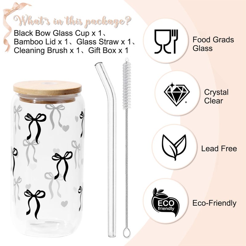 LANGASQUE Coquette Black Bow Aesthetic Cup With Gift Box 16oz Glass Cup with Lids Straws and Black Bow Iced Coffee Smoothie Cute Tumbler with Cleaning Brush for Girls Bestfriend Sister Girlfriend, Preppy Stuff - Image 3