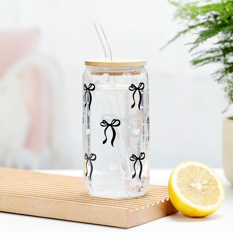 LANGASQUE Coquette Black Bow Aesthetic Cup With Gift Box 16oz Glass Cup with Lids Straws and Black Bow Iced Coffee Smoothie Cute Tumbler with Cleaning Brush for Girls Bestfriend Sister Girlfriend, Preppy Stuff - Image 5