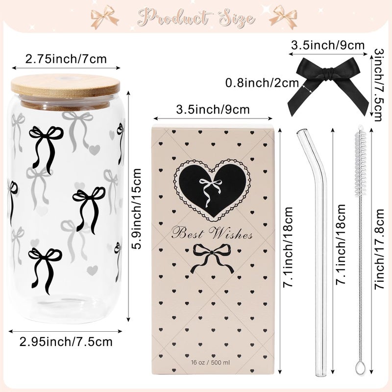 LANGASQUE Coquette Black Bow Aesthetic Cup With Gift Box 16oz Glass Cup with Lids Straws and Black Bow Iced Coffee Smoothie Cute Tumbler with Cleaning Brush for Girls Bestfriend Sister Girlfriend, Preppy Stuff - Image 2