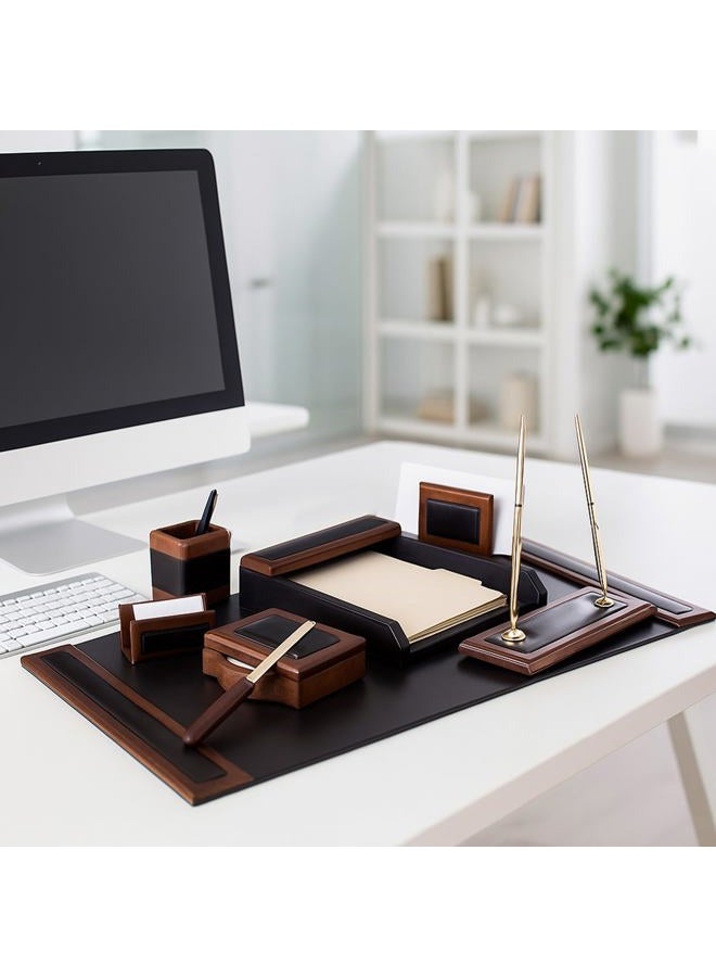 Dacasso Wood Set Luxury Leather Pad & Desk Organization Essentials, 8 Piece, Walnut & Black - Image 3
