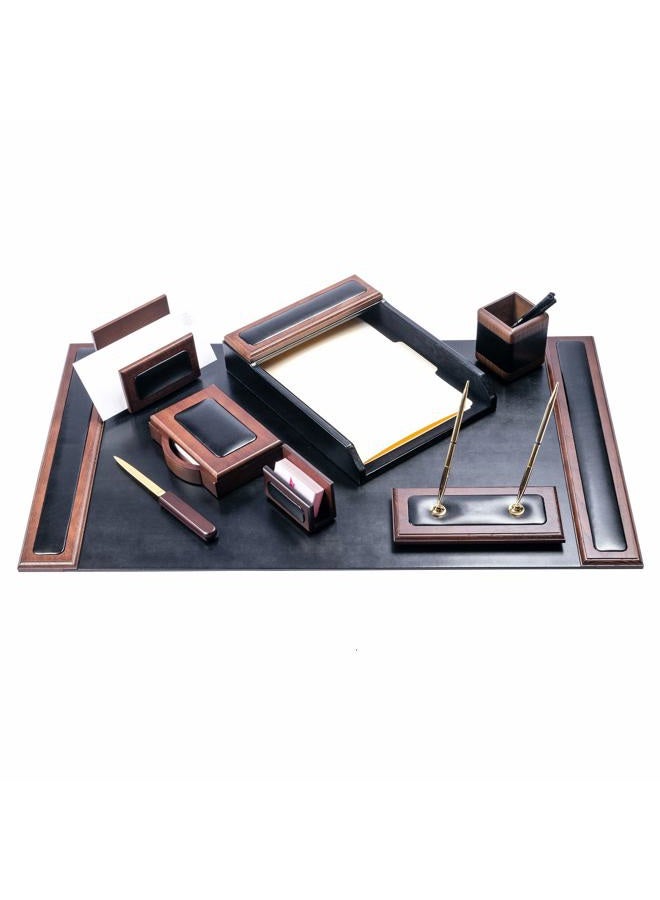 Dacasso Wood Set Luxury Leather Pad & Desk Organization Essentials, 8 Piece, Walnut & Black - Image 1