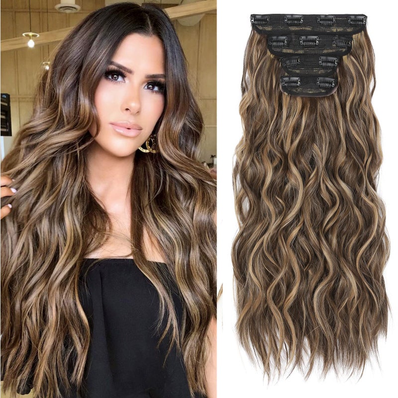 REECHO Hair Extensions 4PCS Clip in Hair Extensions HE001 Natural Soft Synthetic Hairpieces for Women Chocolate Brown with Blonde Highlights