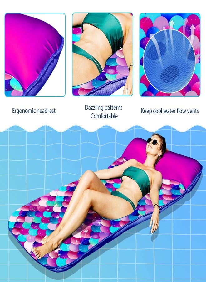 PARENTSWELL Inflatable Mermaid Scales Pool Floats, 72" X-Large Fabric Covered Pool Float with Headrest, Pool Lounge Floaties for Adults, Summer Pool Party Decorations Supplies - Image 3