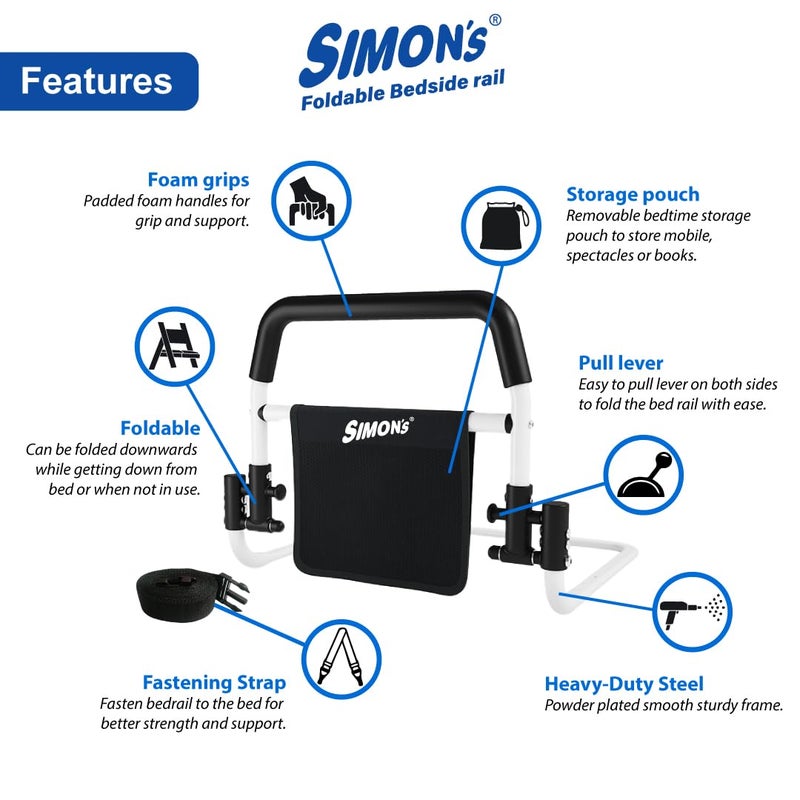 Simon's Foldable Steel bedrail with Foam Grips and Storage Pouch for Bed Side Railing of Elderly and Adult Bed Safety Grab bar - Image 2