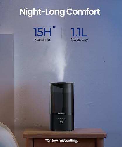 ROSEKM Humidifiers for Bedroom (1.1L), Small Cool Mist Humidifier for Home Plant and Baby Nursery, Quiet Ultrasonic Humidifier with 360° Nozzle, Auto Shut-Off, Filterless, Black - Image 3