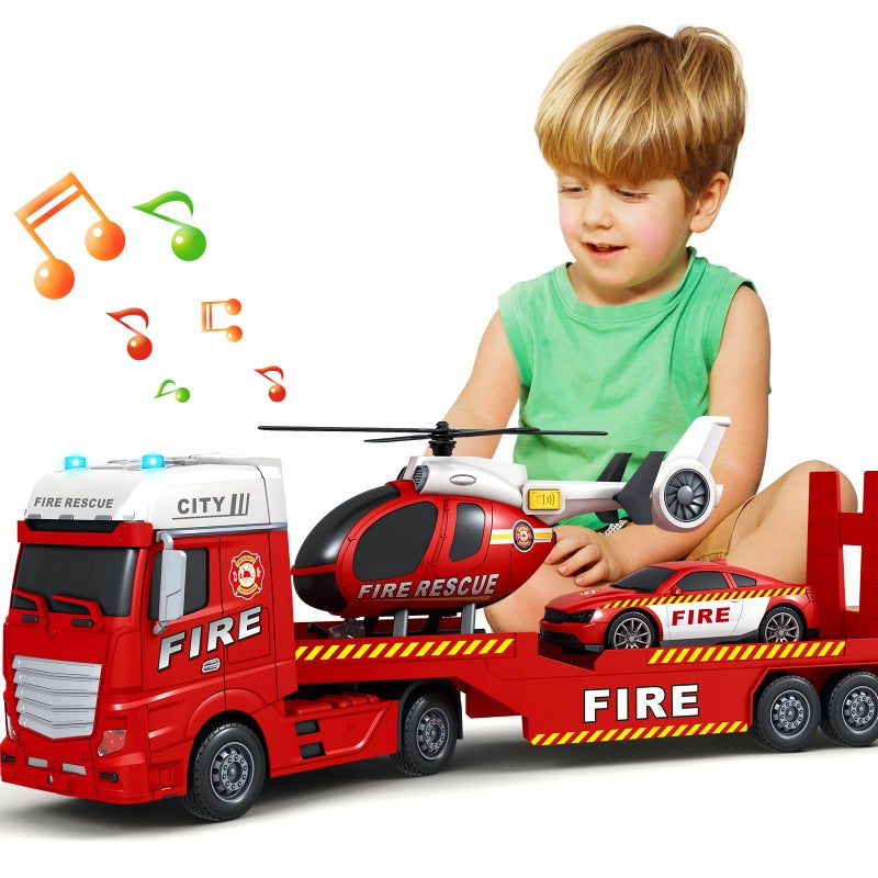 Bstoyder Kids Toys for 3 4 5 6 7 8 Years Old Boys 25 Fire Truck Toy with Racing Car and Helicopter Toddler Friction Powered Truck Vehicle Toy with Lights Sounds for Boys Girls Christmas Birthday Gifts - Image 3