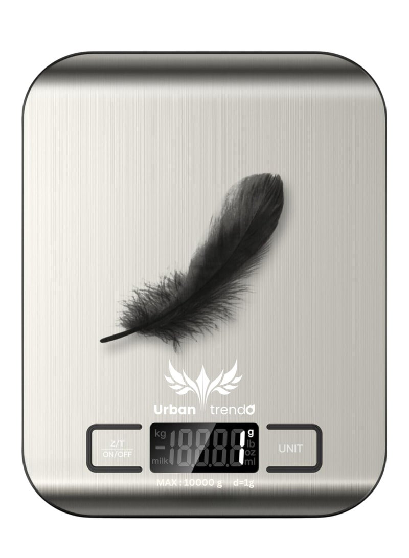 Urban Trendo Precision Digital Food Weighing Scale| Kitchen Scale 10kg/22lb Capacity – Stainless Steel Food Scale with Tare, 6 Units (kg/g/lb/oz/ml/milk ml) for Cooking & Baking (Silver) - Image 1