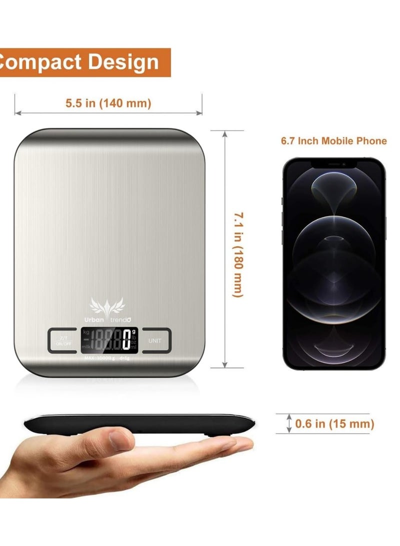 Urban Trendo Precision Digital Food Weighing Scale| Kitchen Scale 10kg/22lb Capacity – Stainless Steel Food Scale with Tare, 6 Units (kg/g/lb/oz/ml/milk ml) for Cooking & Baking (Silver) - Image 2