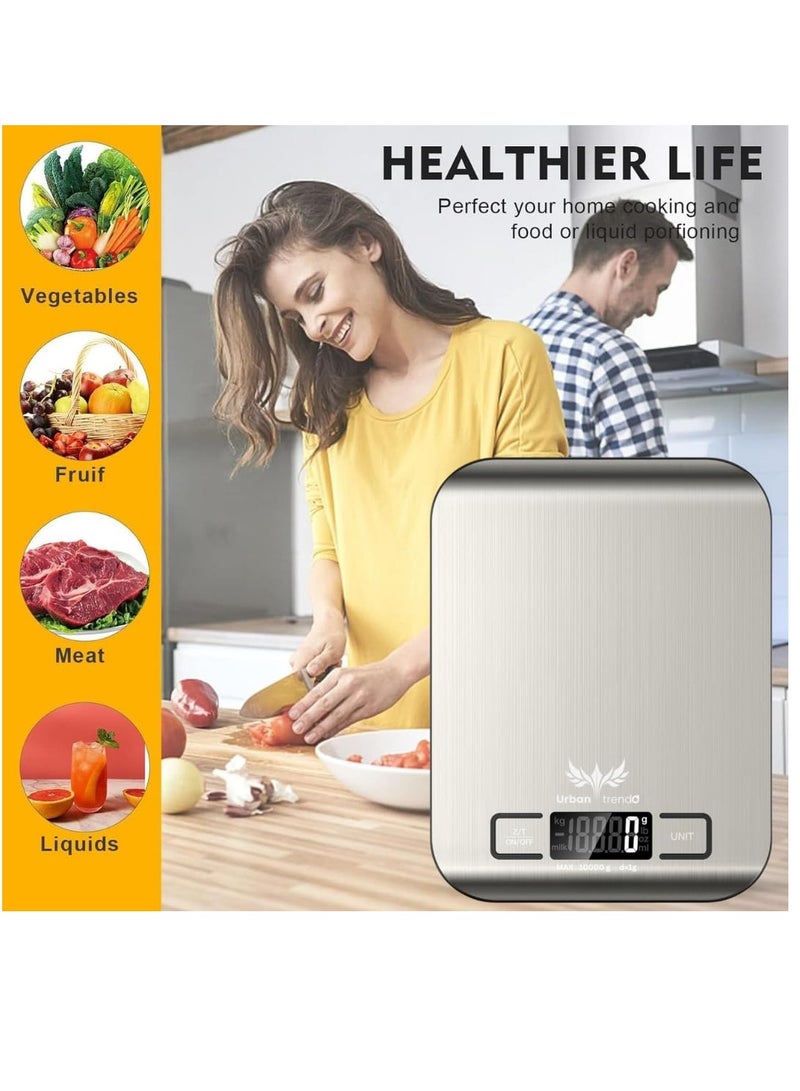 Urban Trendo Precision Digital Food Weighing Scale| Kitchen Scale 10kg/22lb Capacity – Stainless Steel Food Scale with Tare, 6 Units (kg/g/lb/oz/ml/milk ml) for Cooking & Baking (Silver) - Image 3