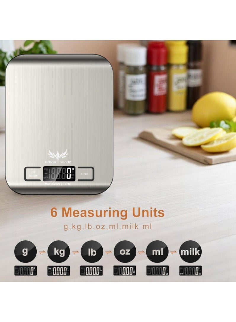 Urban Trendo Precision Digital Food Weighing Scale| Kitchen Scale 10kg/22lb Capacity – Stainless Steel Food Scale with Tare, 6 Units (kg/g/lb/oz/ml/milk ml) for Cooking & Baking (Silver) - Image 4
